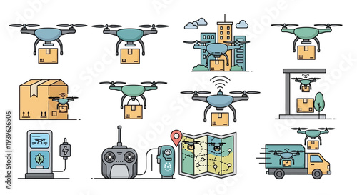 Logistics delivery drones and trucks.
