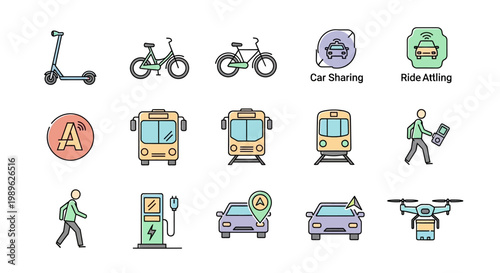 Transportation modes and vehicles icons.