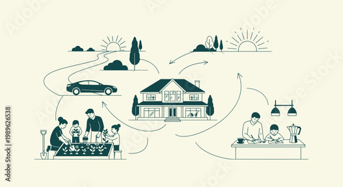 Line art vector showing family daily routine cycle with gardening education travel and home life