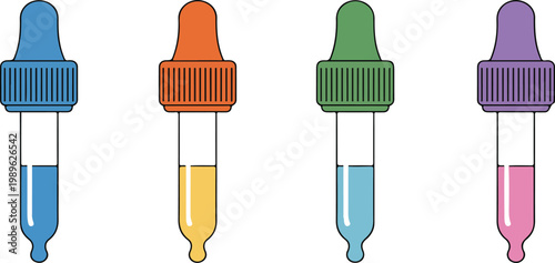 Medical eye dropper and pipette vector illustration set featuring colorful liquid bottles for science laboratory and healthcare design