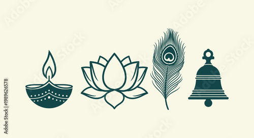 Indian Hindu Religious Spiritual Symbols Set with Diya Lotus Flower Peacock Feather and Temple Bell