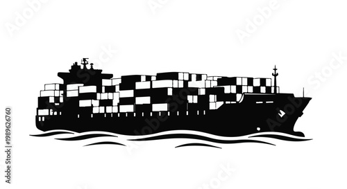 Silhouette of a large container ship carrying cargo on ocean waves.