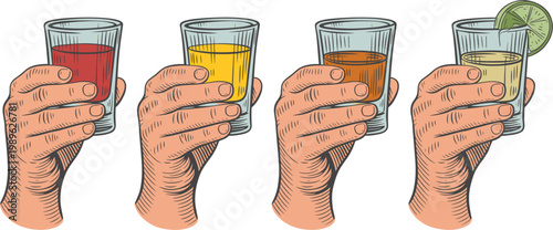 Hands holding drinks vector set, cocktails juice and whiskey glasses, vintage style illustration for bar and beverage design