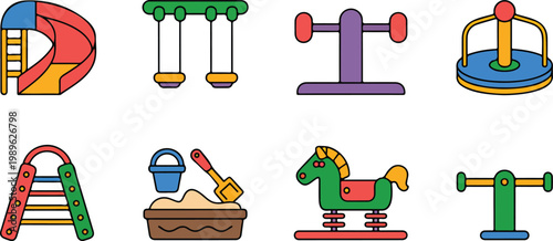 Musical percussion instruments and playground equipment vector illustration set featuring djembe maracas tambourine slide and swings for hobby and park design
