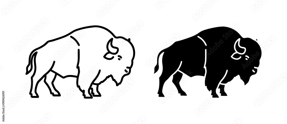 Obraz premium American Bison Silhouette and Outline Vector Set