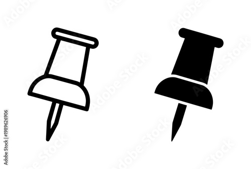 Black push pin icon set isolated on white background