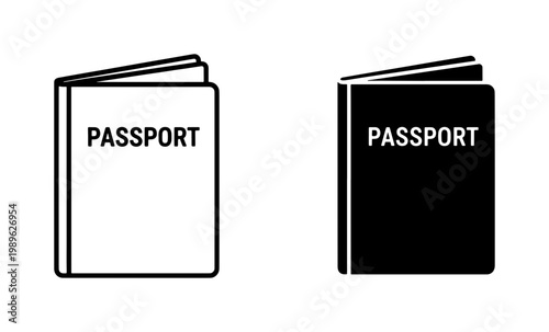 Passport line and solid icon set for travel identification