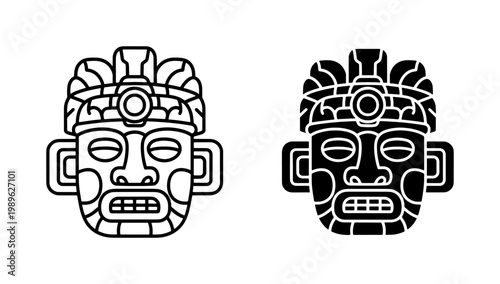 Ancient Mayan Mask Icon Set in Black and White