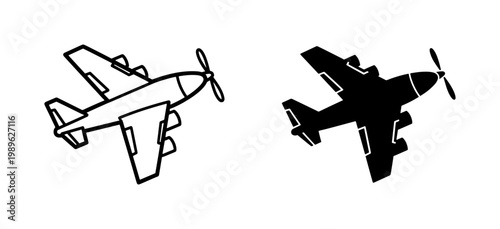 Propeller Airplane Icon Set in Outline and Solid Black Style
