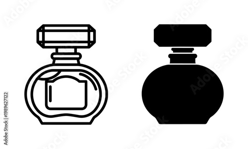 Perfume bottle icon set in outline and silhouette style
