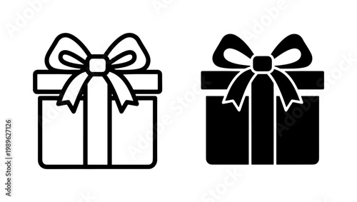Gift box line and silhouette icons with ribbon bow