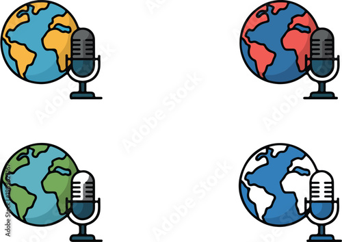Global podcast and radio broadcasting vector icon set featuring world globe with vintage microphone for international news and media design
