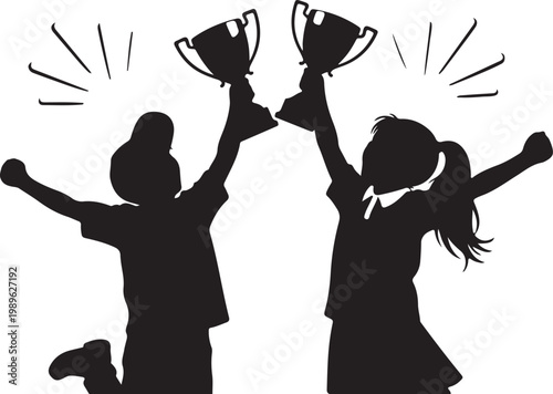 Joint victory of two schoolchildren, joyfully holding golden cup for participating in team intellectual game. Joint victory of children raising hands up after triumphant return from tournament