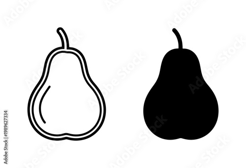 Pear fruit outline and solid black silhouette icon set