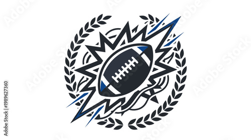 American Football Ball Emblem with Laurel Wreath and Lightning Bolts on Isolated White Background