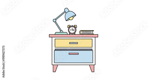 Colorful nightstand with drawers and lamp.