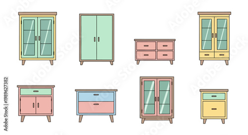 Collection of colorful furniture pieces.