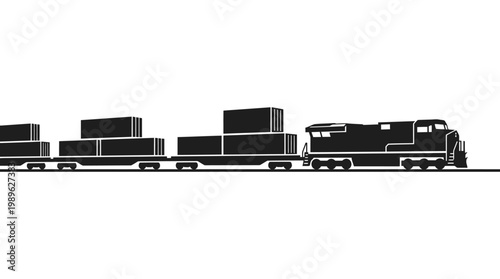Simple Silhouette of a Freight Train with Cargo Units on Isolated White Background