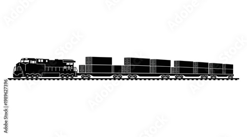 Silhouette Vector of a Freight Train with Cargo Shipping Containers on Isolated White Background