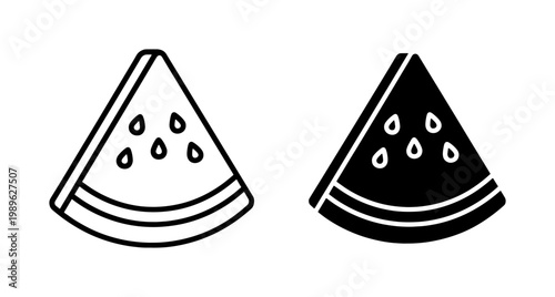 Watermelon slice icon set in black outline and solid style
