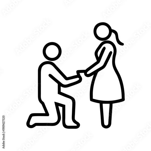 Marriage proposal icon, man kneeling before woman with a ring