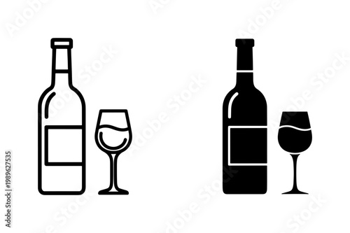 Wine bottle and glass icon set in black outline style