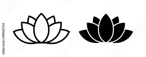 Minimalist Lotus Flower Outline and Solid Black Icon Set