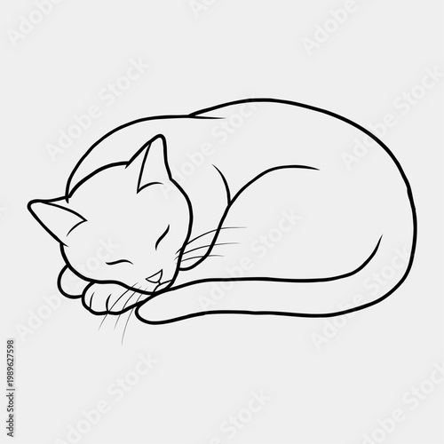 Minimalist Black and White Line Art Illustration of a Peaceful Sleeping Cat