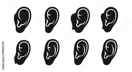 Collection of diverse human ear shapes and styles, black and white illustration