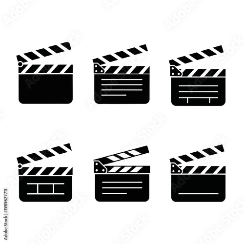 Collection of Six Black Movie Clapperboards Icons, Film Production Symbols