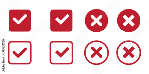 Green check and red cross symbols. Check mark, Tick, and X mark icon. Checkmark and x mark icon. Green checkmark and red cross vector symbol for right and wrong choices.