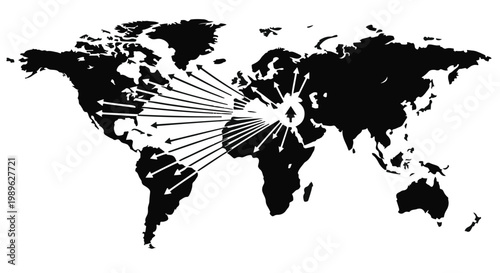 Global connections international business network worldwide map with lines radiating from central point black and white illustration