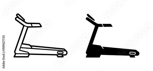 Treadmill icon set in outline and silhouette styles, running machine vector symbols, fitness equipment graphics for gym and workout apps