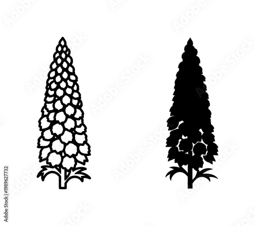 Minimalist delphinium flower icons, black and white larkspur floral silhouettes, botanical garden plant vector set for wedding stationery