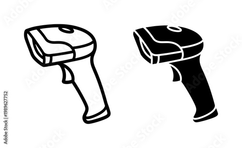 Barcode scanner vector icons, handheld laser reader silhouettes, retail checkout equipment set, black and white warehouse scanning tools