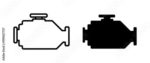 Check engine light icons, car motor dashboard symbols in outline and silhouette styles, automotive diagnostic vector graphics for repair apps