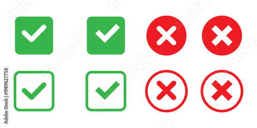 Green check and red cross symbols. Check mark, Tick, and X mark icon. Checkmark and x mark icon. Green checkmark and red cross vector symbol for right and wrong choices.