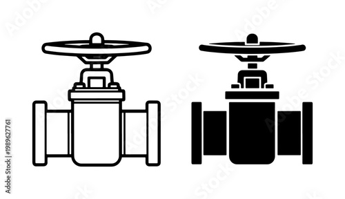 Industrial water valve vector icons, black line and silhouette gate valve symbols, plumbing and pipeline engineering equipment on white background