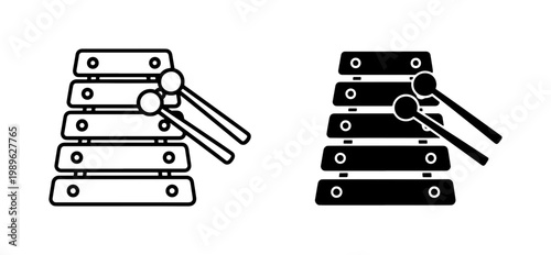 Xylophone musical instrument icon with mallets in outline and solid