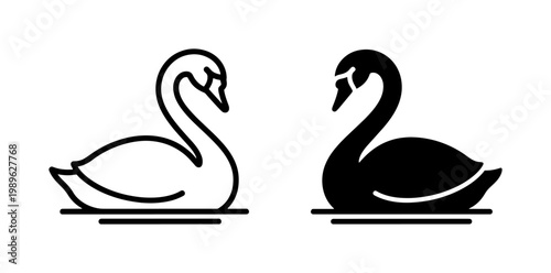 Minimalist swan logo icons, elegant black and white bird silhouettes, graceful waterfowl vector set for luxury branding and wedding stationery