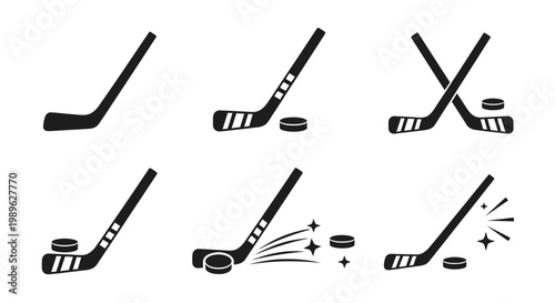 Hockey Stick and Puck Icons: Action Sequence, Sports Equipment, Game Play