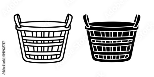 Minimalist wicker basket vector icons, black and white laundry hamper illustrations, woven storage container set for home organization and household chores