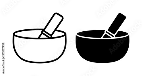 Minimalist singing bowl vector icons, Tibetan meditation bowl with mallet, black and white zen sound healing symbols for wellness and yoga