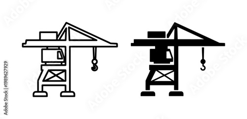 Industrial harbor crane vector icons, black silhouette and outline port machinery, heavy lifting equipment for shipping and logistics design
