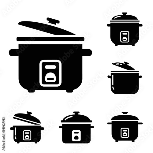 Set of Black Icons: Rice Cooker, Multicooker, Slow Cooker - Kitchen Appliances