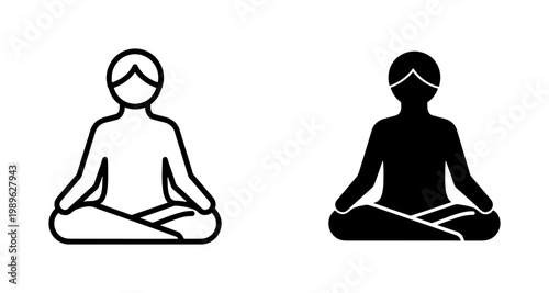 Minimalist meditation icon set, yoga lotus pose vector symbols, zen silhouette and outline person icons for wellness and mindfulness apps