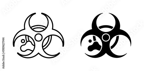 Biohazard warning symbol vector set, biological hazard sign with virus cell, black and white toxic waste icons for laboratory safety and medical warning