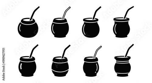 Set of black silhouette mate cups with bombilla straws, isolated on white background