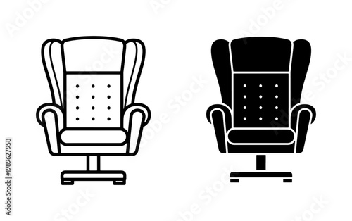 Modern office chair icons, ergonomic executive armchair vector set, black and white furniture symbols for interior design and workspace layout