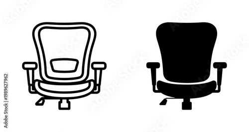 Modern office chair vector icons, ergonomic desk chair line and silhouette symbols, professional workplace furniture graphics for business interior design